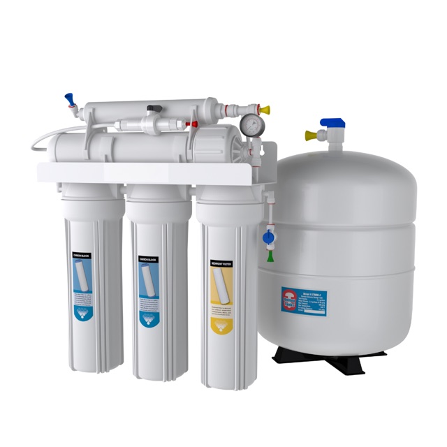 The reverse osmosis unit and its tank, under the kitchen sink