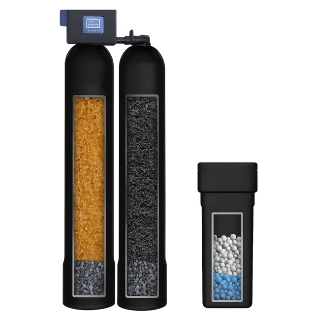 The dual tank system: the softener and the carbon filter in tanks of their own, on the main line