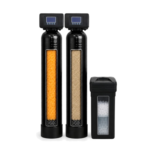 The two tank well water system: the softener, the air injection tank for iron and sulfur, and the brine tank